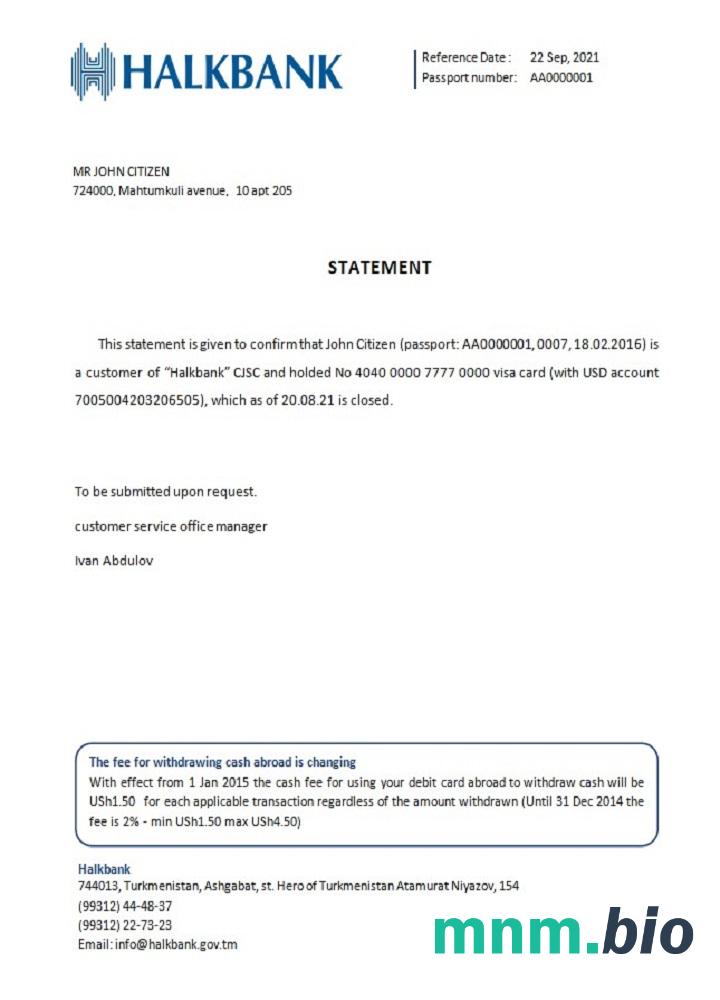 Turkmenistan Halkbank zamknięcie przykład odniesienia w formatach Word i PDF